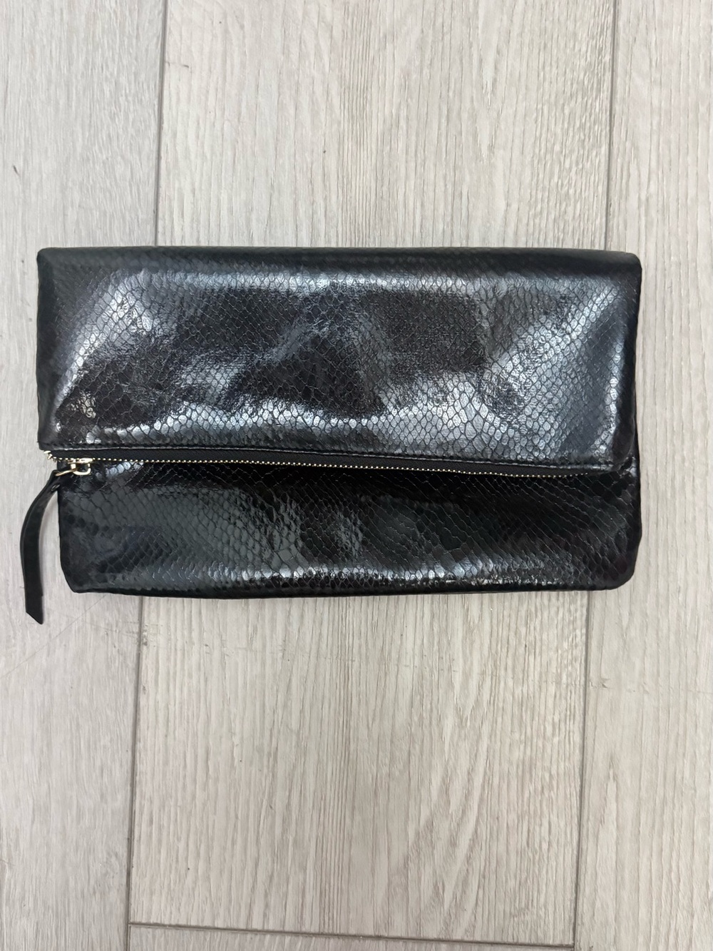 Lulu's Black Fold-Over Snakeskin Textured Clutch